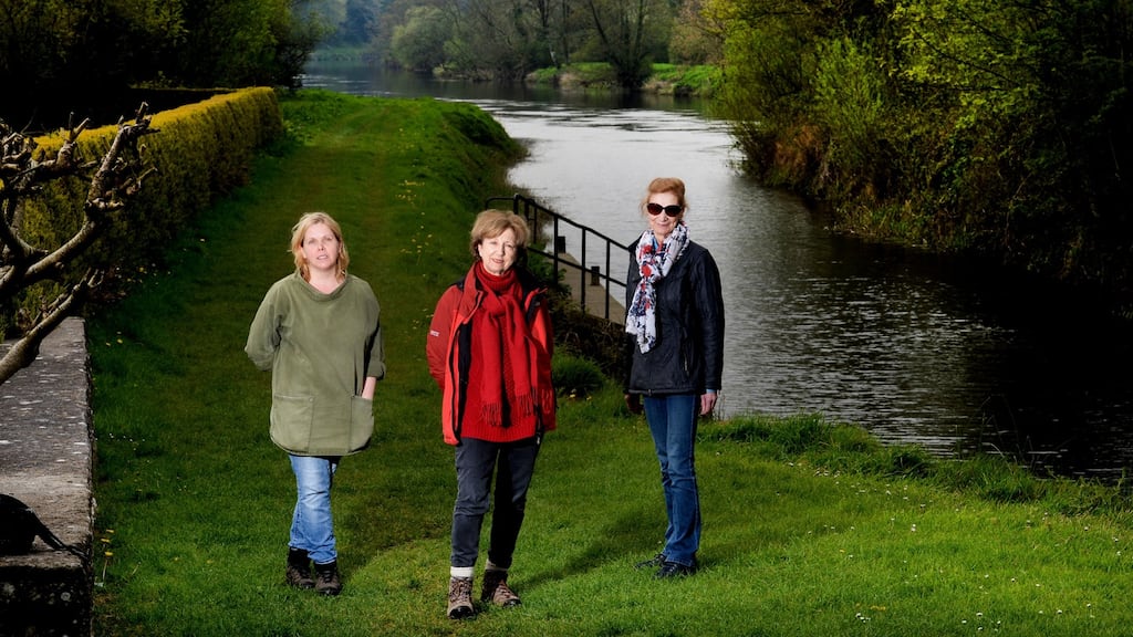 Broadcaster Olivia O’Leary with Marie Kinsella and Anne Butler, fellow members of the Save the Barrow Line Committee, photographed near Borris, Co Carlow in 2019. Photograph: Alan Betson / The Irish Times