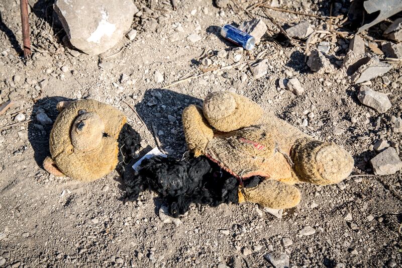 A teddy bear lies in the rubble of an Israeli air strike at Ain el Delb, near Saida. Photograph: Sally Hayden