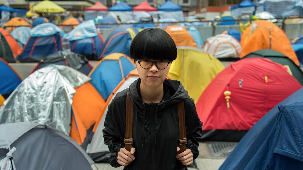 Manni Ng, a student with Hong Kong’s protest movement, at the camp in the Admiralty district of Hong Kong. Photograph: Eric Rechsteiner/The New York Times