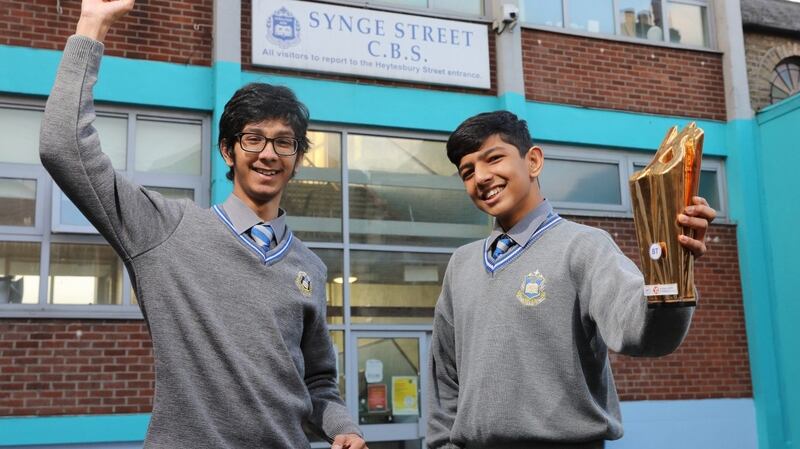 The winners of the 2022 BT Young Scientist & Technology Exhibition, Aditya Joshi, aged 15 (left) and Aditya Kumar, aged 16 (right), students at Synge Street, Dublin, took home the top prize for a project entitled A New Method of Solving the Bernoulli Quadrisection Problem. Photograph: Chris Bellew / Fennell Photography