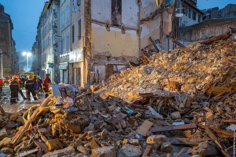 Firemen and a dog search the site where the two buildings collapsed on Monday, November 5th Photograph: AFP/BMPM/SM/Loic Aedo