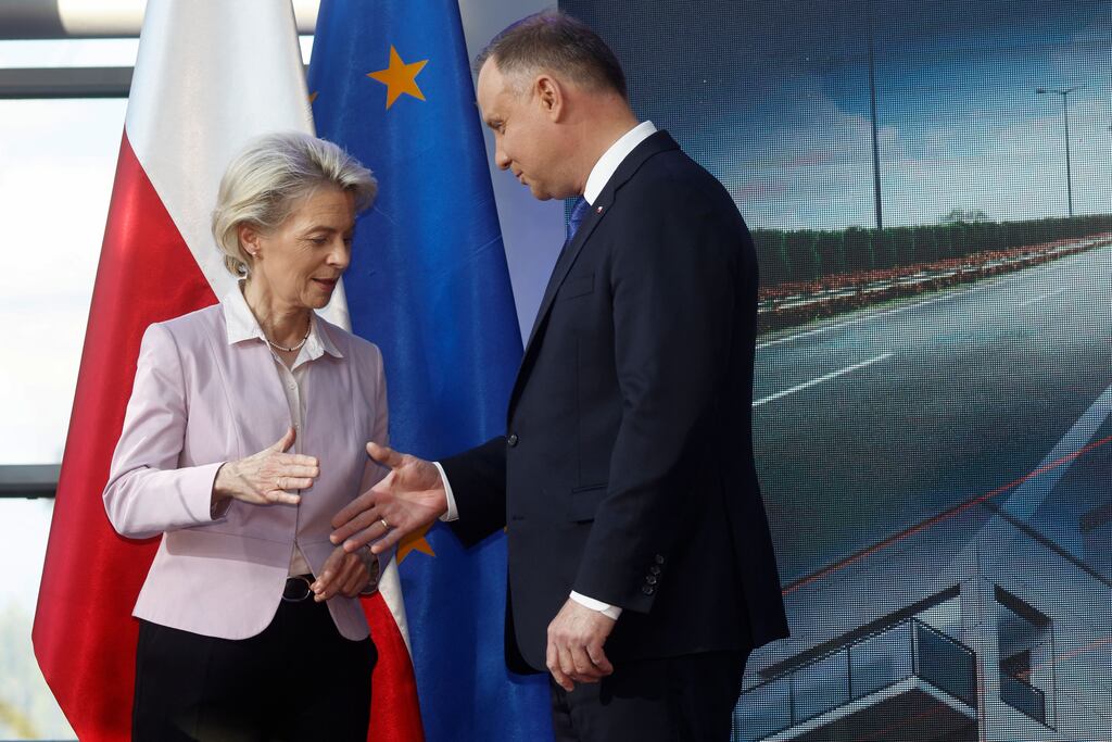Deal or no deal? European Commission President Ursula von der Leyen shakes hands with Polish President Andrzej Duda following a joint press conference on June 2, 2022. - (Photo by Wojtek Radwanski / AFP)