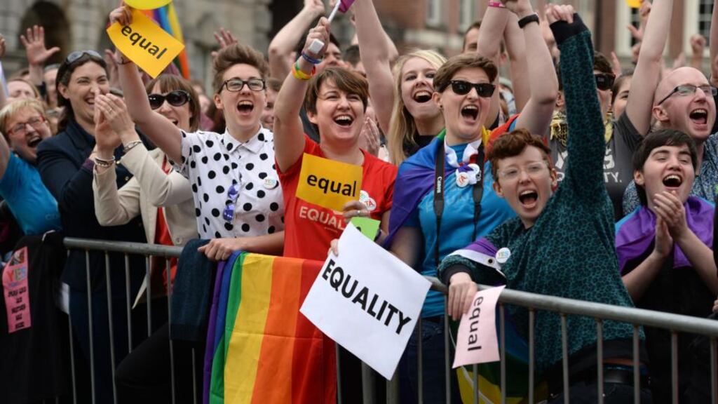 Celebrations in the courtyard at Dublin Castle in May after results of the Referendum on Marriage Equality were announced. Public perceptions of Ireland as a leader on human rights issues rose in the wake of the referendum. Photograph: Dara Mac Dónaill