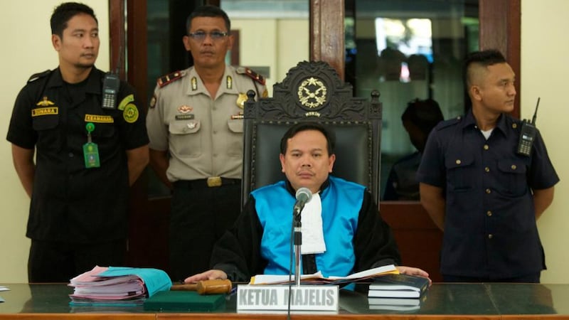 The chief judge of a three judge panel listens as the case is read out during an appeal by lawyers for two of the Bali Nine drug smugglers on April 6th, in Jakarta. A three judge panel rejected the bid by lawyers for ‘Bali Nine’ drug smugglers Andrew Chan and Myuran Sukumaran to challenge their scheduled executions. Photograph: Ed Wray/Getty Images