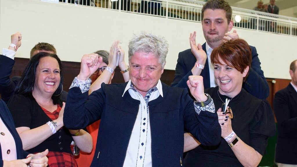 The DUP’s first openly gay candidate, Alison Bennington, celebrates after winning a seat at Antrim and Newtownabbey Borough Council. Photograph: Dave Pettard/PA Wire