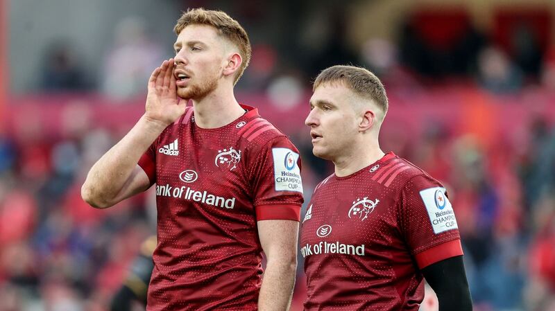 Munster’s Ben Healy with Rory Scannell during the Wasps game at Thomond Park. Photograph: Dan Sheridan/Inpho