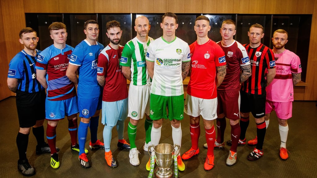 The SSE Airtricity League first division launch: Athlone Town’s Aaron Brilly, Drogheda’s Conor Kane, Limerick’s Shaun Kelly, Bray’s Paul Keegan, Cabinteely’s Jack Tuite, Shelbourne’s Luke Byrne, Galway’s Stephen Walsh, Longford’s Dean Zambra and Wexford’s Jack Doherty. Photograph: Ryan Byrne/Inpho