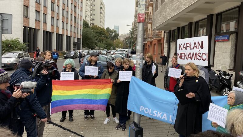 A protest outside the Polish Bishop’s Conference on Tuesday in Warsaw at church-state agitation against the LGBT community ahead of Sunday’s general election. Photograph: Derek Scally