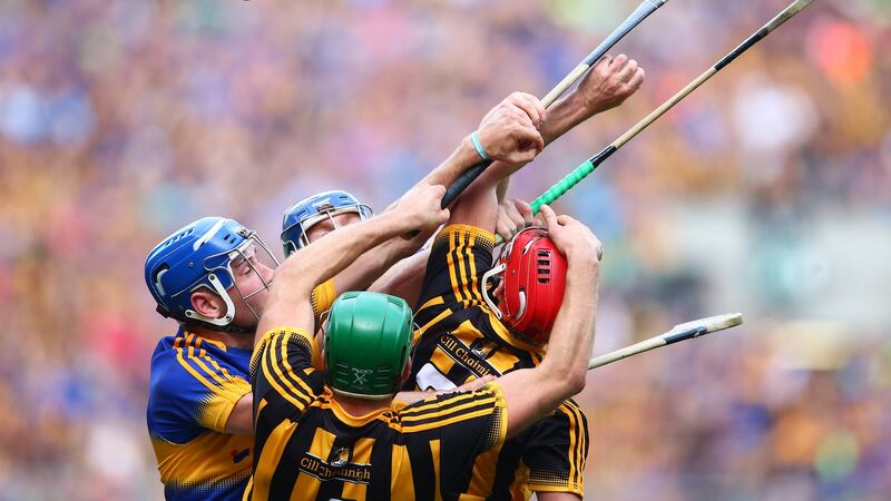 Kilkenny’s Shane Prendergast and Cillian Buckley contest a high ball against John McGrath and Jason Forde of Tipperary during the 2016 All-Ireland final at Croke Park. Photograph: Cathal Noonan/Inpho