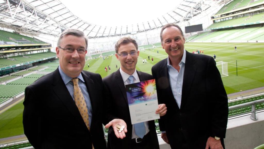 From left: Kieran McLoughlin, president and CEO of the Worldwide Ireland Funds, Lukas Decker of Coindrum, Ireland Funds Business Plan competition winner 2012, and Bill McKiernan, chair of the judging panel and co-founder of CyberSource, at the Aviva Stadium