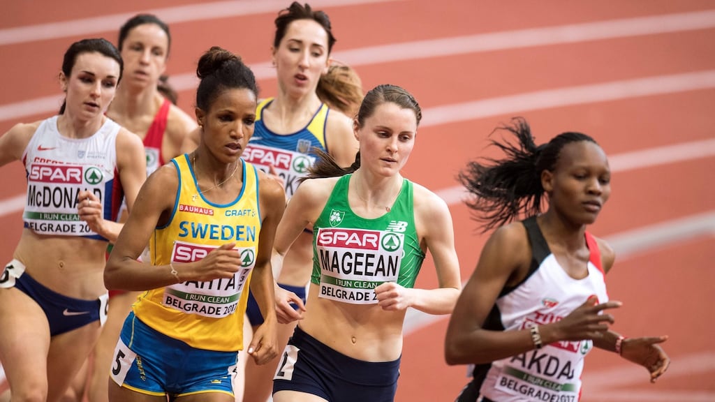 Ireland’s Ciara Mageean on her way to finishing fourth in her heat at the 2017 European Indoor Athletics Championships. Photograph: Sasa Pahic Szabo/Inpho