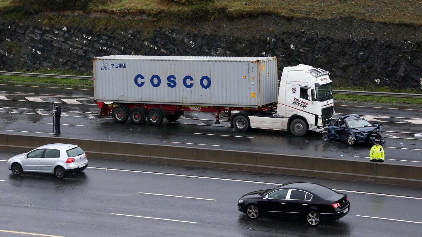 The scene of a crash between a car and a lorry on the M50 at Junction 7 southbound on Wednesday morning. Photograph: Collins