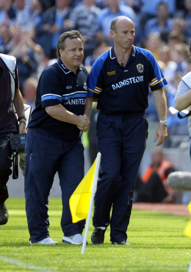 Dublin manager Tommy Lyons and Roscommon manager Tommy Carr following Dublin's qualifier victory in August, 2004. It was to be Carr's last championship game in charge of the the Rossies. Photograph: Donall Farmer/Inpho