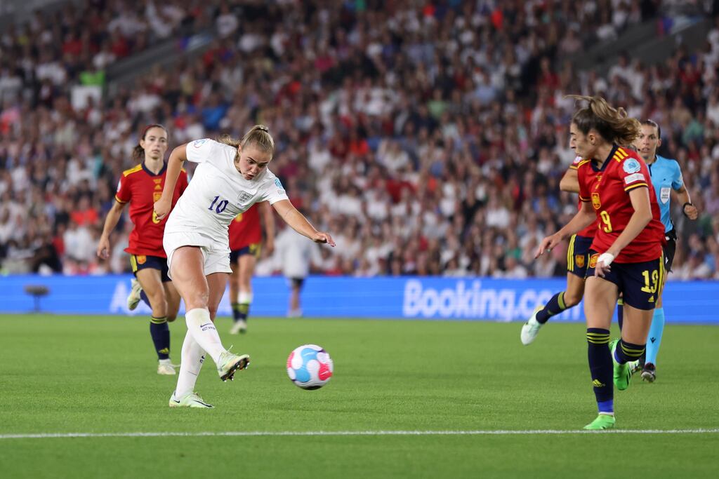England's Georgia Stanway scores the winning goal during extra-time in the Women's Euro 2022 quarter-final against Spain at the Amex Stadium in Brighton. Photograph: Naomi Baker/Getty Images