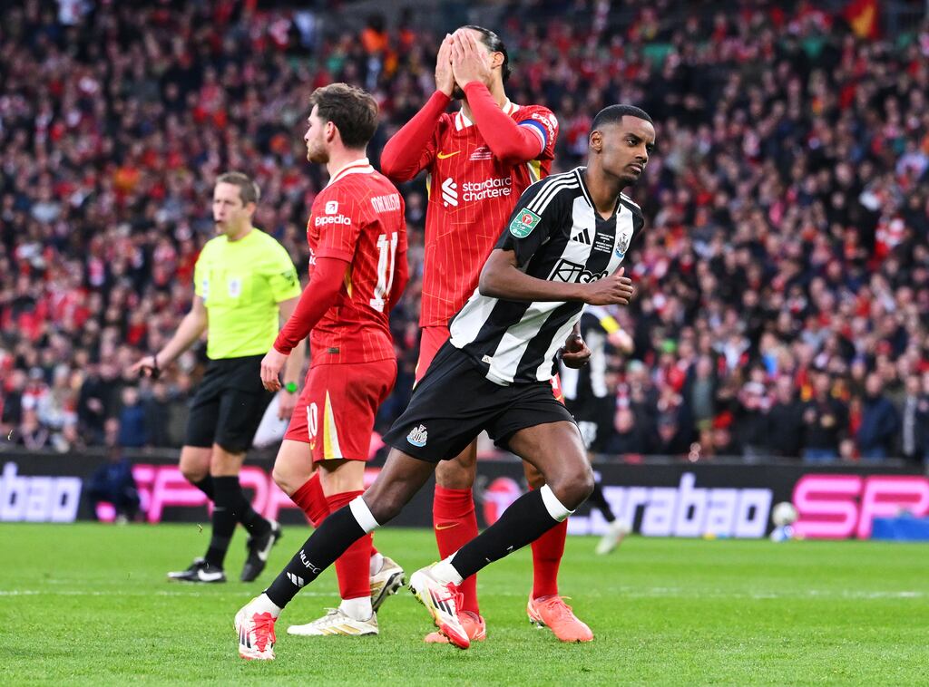 Alexander Isak scores against Liverpool to help Newcastle win the Carabao Cup in March, but he now wants to join the Reds. Photograph: Stu Forster/Getty