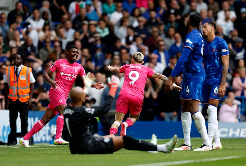 Ipswich Town's Julio Enciso celebrates scoring the side's first goal at Stamford Bridge, London. Chelsea faithful couldn’t argue with 'chaos'. Photograph: Nigel French/PA Wire