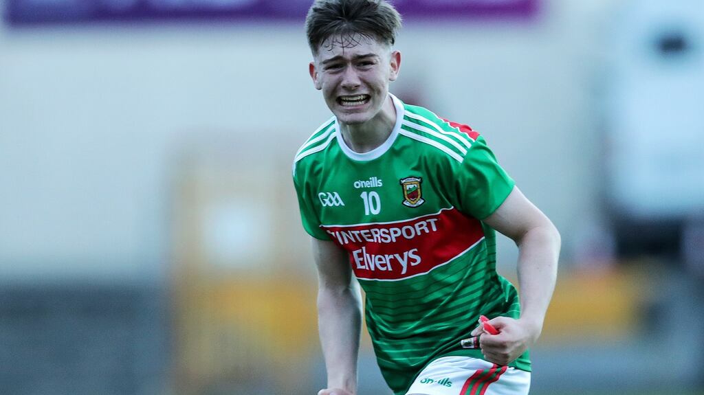 Ciarán Mylett scored one of Mayo’s five goals in the All-Ireland MFC quarter-final at Pearse Park in Longford. Photograph: Laszlo Geczo/Inpho