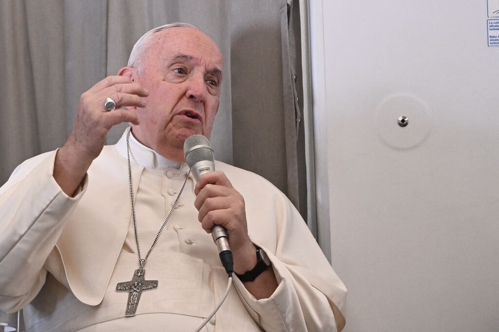 Pope Francis addresses the media while aboard the plane from Juba to Rome on Sunday returning from he Pope's visit to Democratic Republic of Congo and South Sudan. Photograph: Tiziana Fabi/Pool/AFP via Getty Images
