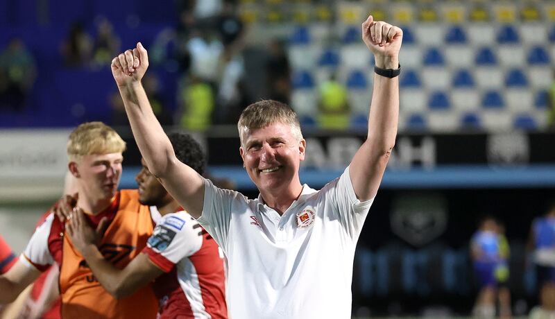 Pats’ manager Stephen Kenny celebrates after the game. Photograph: Aleksandar Djorovic/Inpho