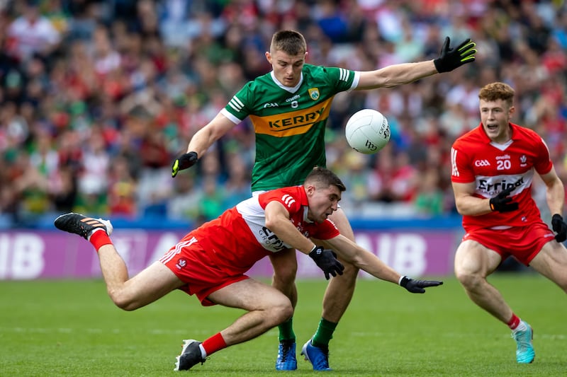 Kerry’s Diarmuid O'Connor with Ciaran McFaul of Derry. Photograph: Evan Treacy/Inpho