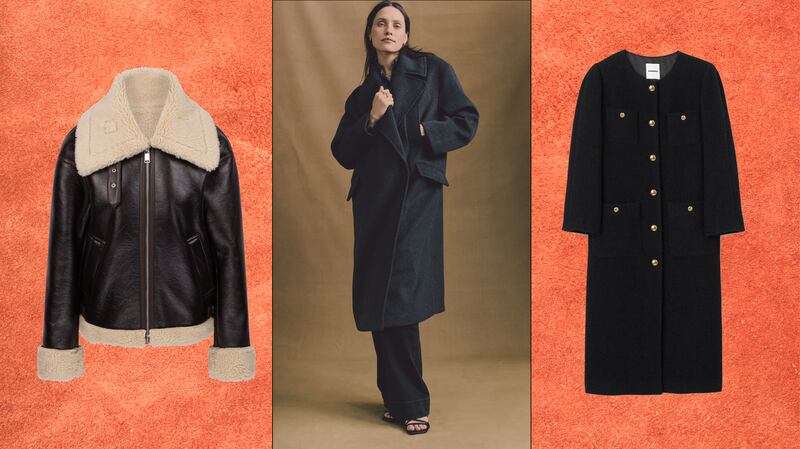 Faux shearling Coat, €85, V by Very; Black wool coat, €65, Penneys; Long coat, €595, Sandro.