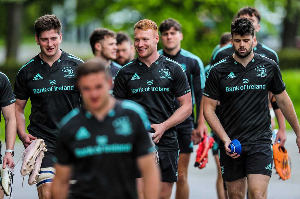 Joe McCarthy, Ciaran Frawley and Harry Byrne during a Leinster training session at Rosemount, UCD on Tuesday. Photograph: Nick Elliott/Inpho