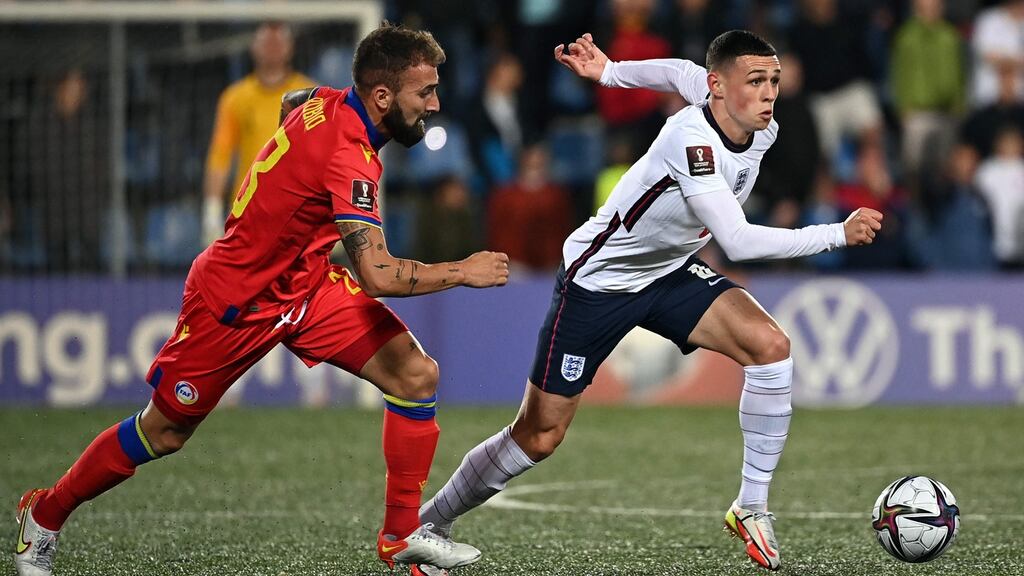 England’s Phil Foden vies with Andorra’s Jordi Rubio during the World Cup 2022 qualifier at Estadi Nacional stadium in Andorra la Vella, on Saturday. Photograph: Getty