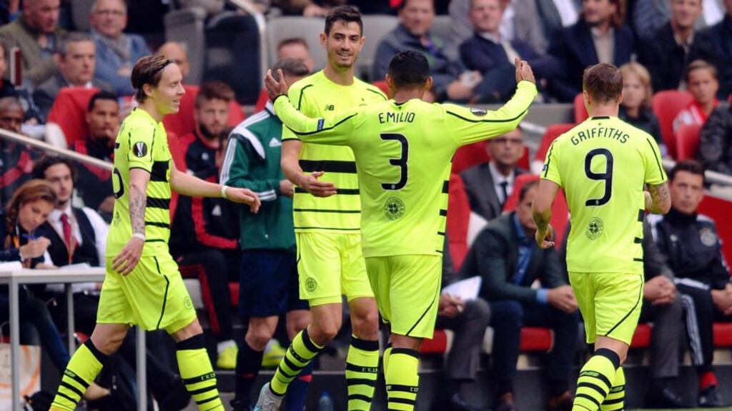 Football - Ajax Amsterdam v Celtic -  Nir Biton celebrates with team mates after putting Celtic ahead at the Amsterdam Arena. Photo: Alan Walter/Reuters