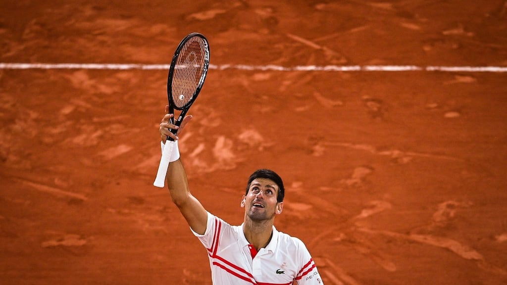 Serbia’s Novak Djokovic celebrates after beating Spain’s Rafael Nadal in the French Open semi-finals at Roland Garros. Photograph: Christophe Archambault/AFP via Getty Images