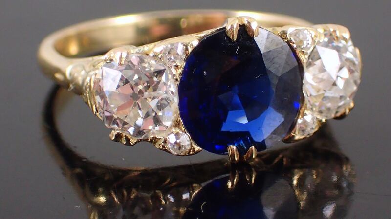 The auction at John Weldon’s in Cow’s Lane, Dublin, includes a sapphire and diamond ring (sapphire 2.30 ct) – estimate: €8,500-€9,500.