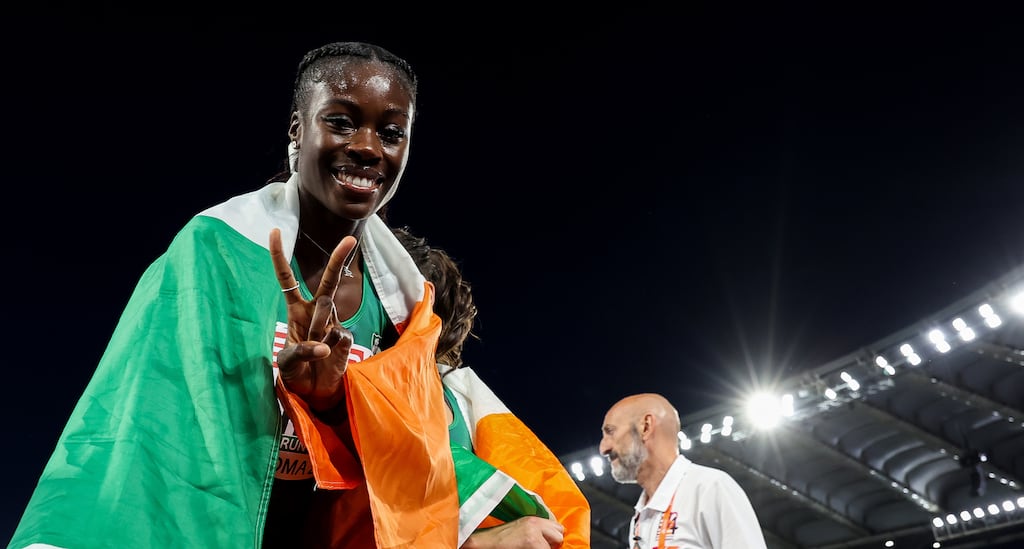 Rhasidat Adeleke celebrates winning a silver medal after the women's 4x400m relay final. Photograph: Morgan Treacy/Inpho