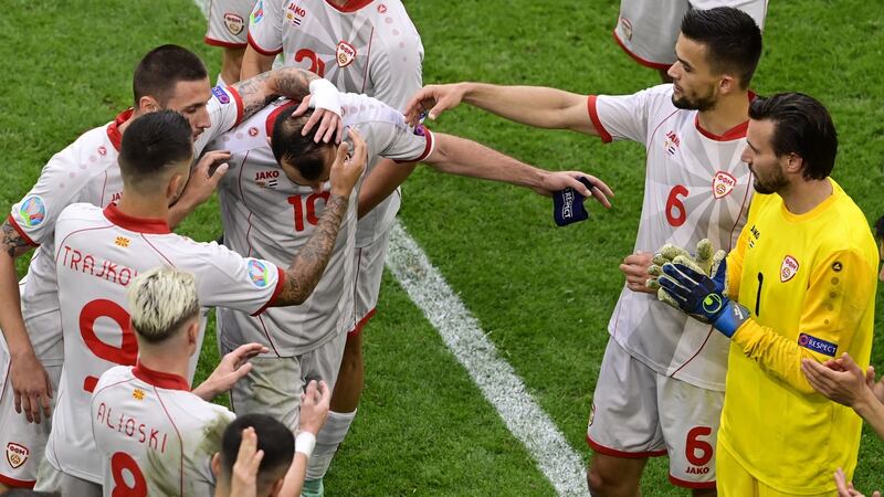 Goran Pandev is given a guard of honour after he was substituted during North Macedonia’s defeat to the Netherlands. Photograph: Olaf Kraak/EPA