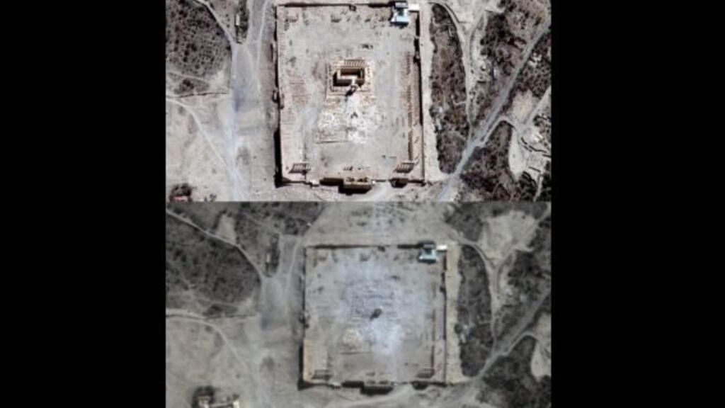 The Temple of Bel before and after the destruction at Palmyra. Photograph: AFP/Getty Images