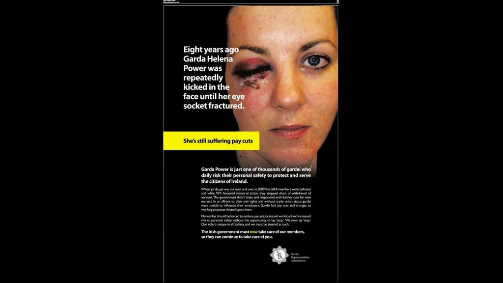 Garda Helena Power in a Garda Representative Association  advert backing extra pay for officers: Garda Power was attacked at the fire in Clonmel, Co Tipperary, on October 31st, 2008