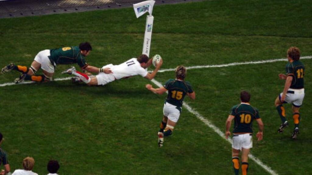 Mark Cueto’s try in the 2007 Rugby World Cup final against South Africa was disallowed by the TMO. Photograph: Getty