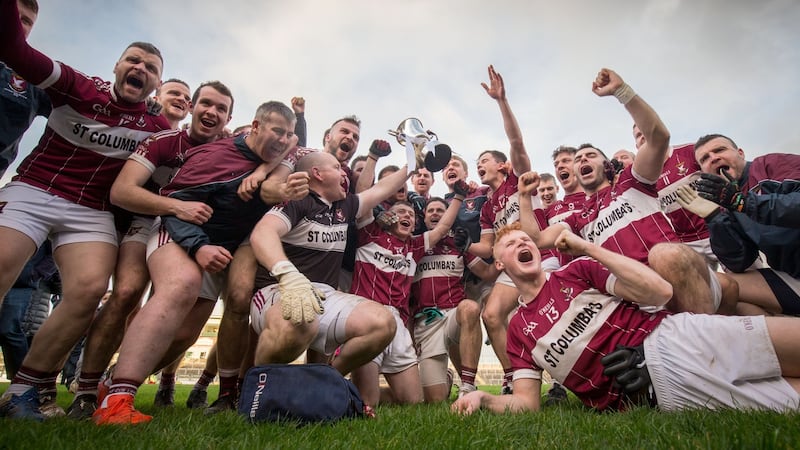 Mullinalaghta celebrate their Leinster championship win. Photograph: Oisin Keniry/Inpho