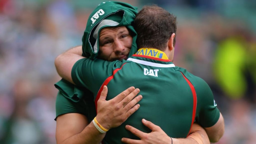 Martin Castrogiovanni and Geordan Murphy hug following Leicester’s Aviva Premiership victory over Northampton at Twickenham. Both players retired from playing after the game, with Murphy joining the Tigers’ coaching staff. Photograph: Mike Hewitt/Getty Images