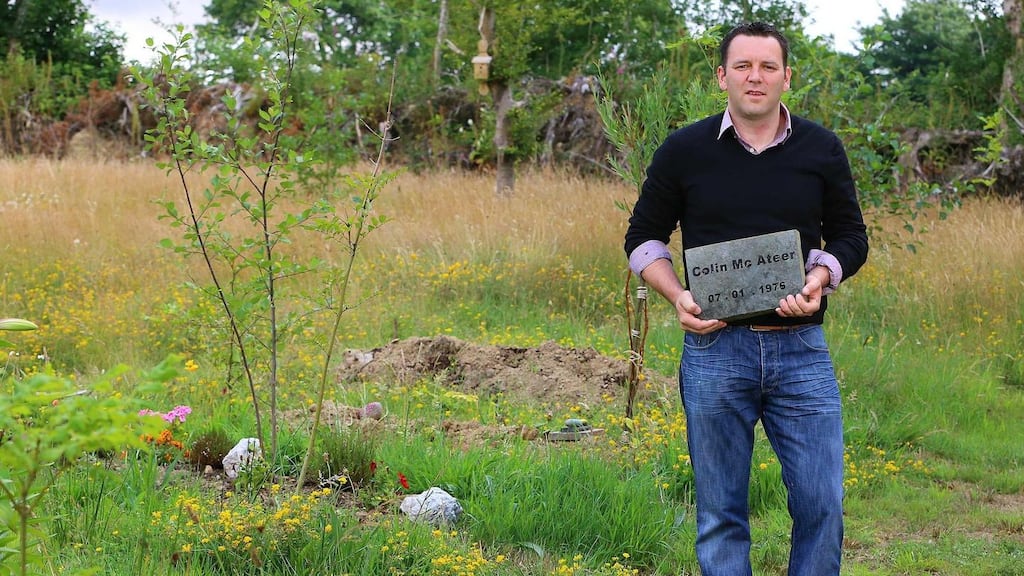 Colin McAteer, Woodbrook Natural Burial Grounds, Killane, Co Wexford with his own headstone. Picture: Patrick Browne