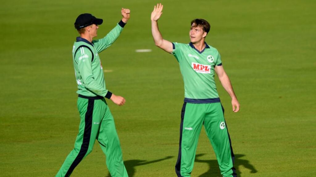 Ireland’s Curtis Campher celebrates with Harry Tector after taking the wicket of England’s Tom Banton at the Ageas Bowl on Saturday. Photograph: PA