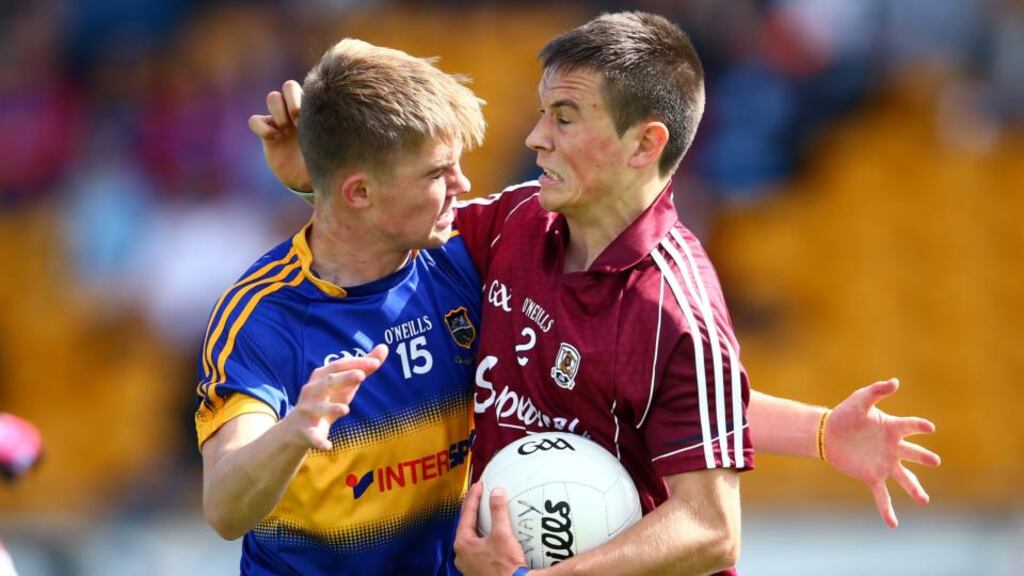 Galway’s Caelom Mulry is tackled byBrendan Martin of Tipperary. Photograph: Inpho