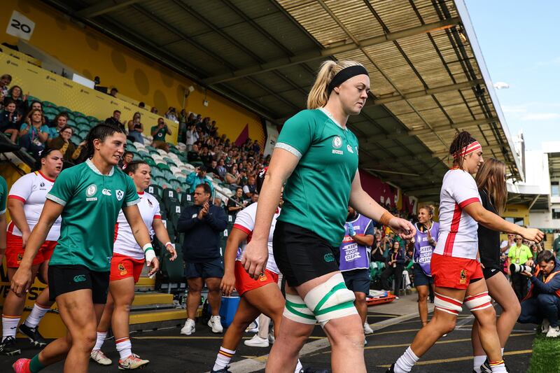 Ireland's Amee-Leigh Costigan and Sam Monaghan walks out ahead of the match. Photograph: Ben Brady/Inpho