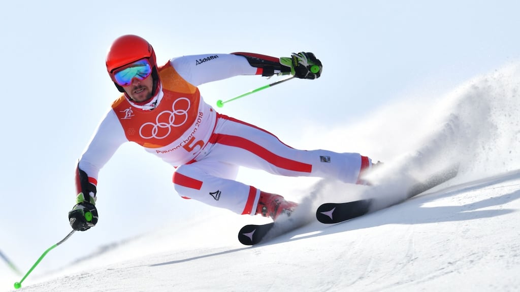 Austria’s Marcel Hirscher competes in the men’s giant slalom at the Yongpyong Alpine Center during the Winter Olympic Games in Pyeongchang. Photograph: Dimitar Dilkoff/AFP/Getty Images