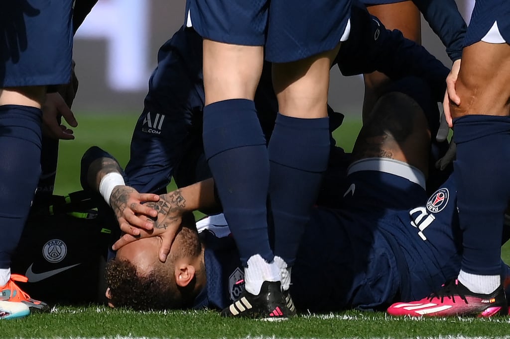 Paris Saint-Germain's Brazilian forward Neymar has been ruled out for remainder of the season and will undergo ankle ligament surgery. Photograph: Franck Fife/AFP via Getty Images