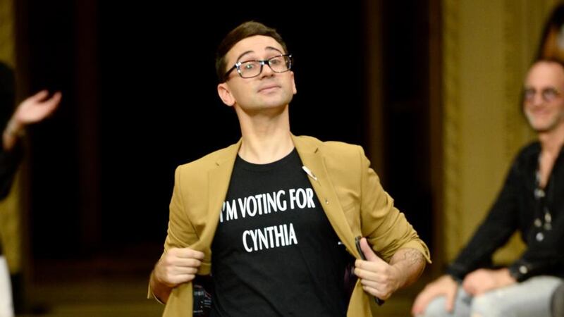 New York Fashion Week: Christian Siriano in a personal variation on his “Vote for Cynthia” T-shirts. Photograph: Fernanda Calfat/Getty