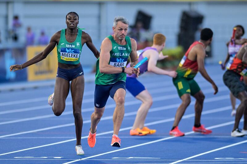 Ireland's Rhasidat Adeleke passes the baton to Thomas Barr in the third heat of the Mixed 4x400m Relay at the World Athletics Relays, Thomas A Robinson National Stadium, Nassau, Bahamas, last week. Photograph: Warren Grant/Inpho