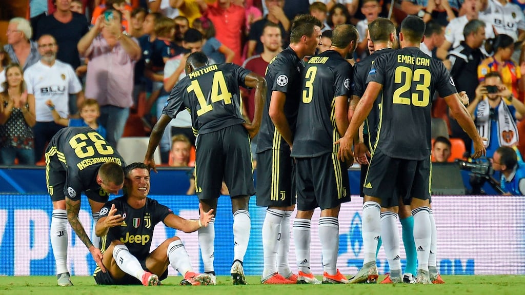 Juventus’ Cristiano Ronaldo reacts after receiving a red card during his Champions League debut for the Italian club against  Valencia  at the Mestalla stadium in Valencia. Photograph: Jose Jordan/AFP/Getty Images
