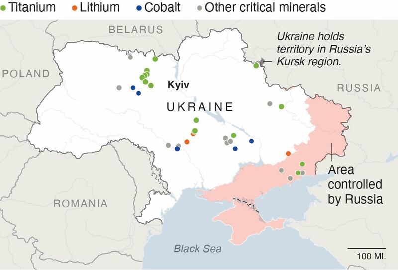 Map showing locations and types of key Ukrainian minerals deposits. Craphic: New York Times