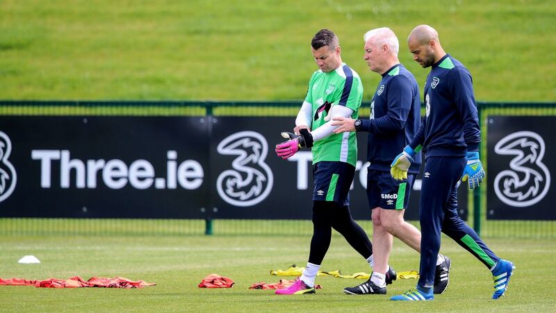 Shay Given, goalkeeping coach Séamus McDonagh and Darren Randolph at the Republic of Ireland training camp in Dublin. Photograph: Gary Carr/Inpho