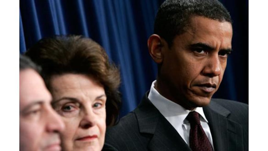 Democratic senators Russell Feingold, Dianne Feinstein and
Barack Obama, during a news conference on the ethics bill yesterday
in Washington, DC. Republicans are trying to derail the bill.