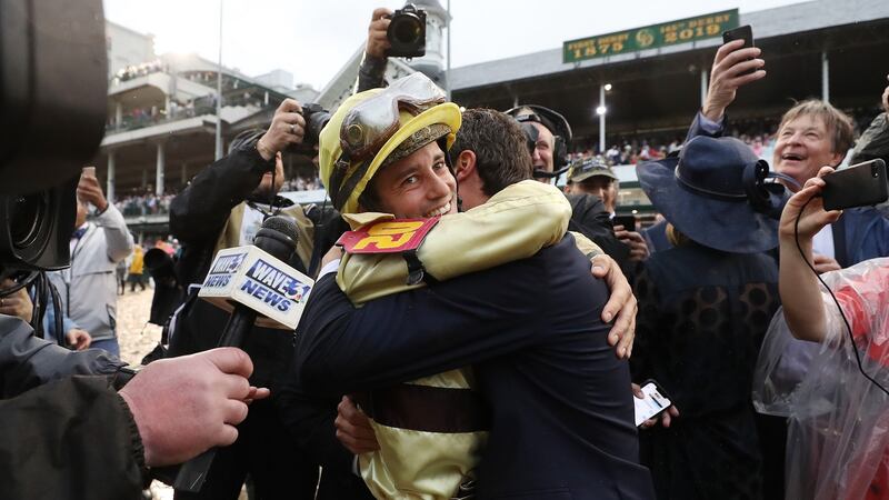 Jockey Flavien Prat celebrates with the connections of Country House after the horse was announced the winner of the Kentucky Derby following a stewards’ enquiry at Churchill Downs. Photograph: Rob Carr/Getty Images